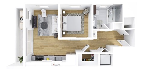 A white and wood floor plan of a house with a kitchen, living room, and bathroom.